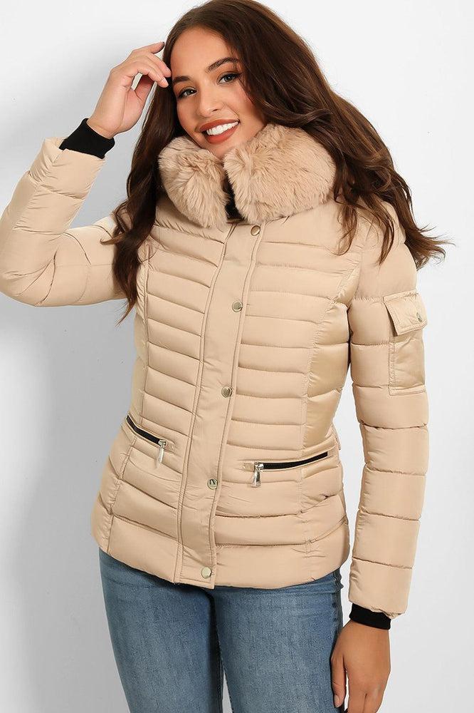 Faux Fur Trim Hood Zip Pockets Parka Jacket-SinglePrice