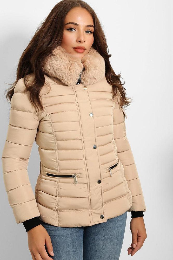 Faux Fur Trim Hood Zip Pockets Parka Jacket-SinglePrice