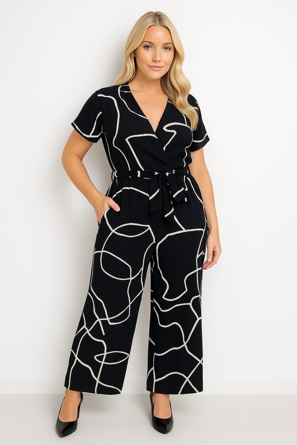 Low-Cut Short Sleeve Tie Waist Straight Leg Viscose Blend All Over Print Jumpsuit