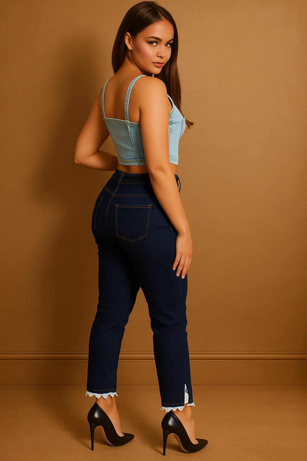 Navy Mid-Rise Crochet Lace Hem Jeans