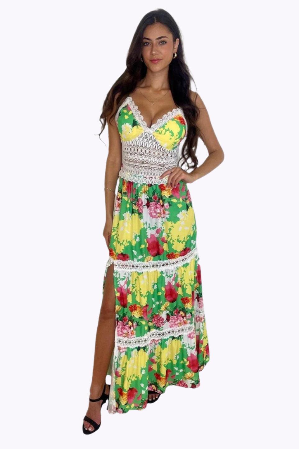 Floral Print Lace Crocket Padded Strappy Side Slit Maxi Dress-SinglePrice