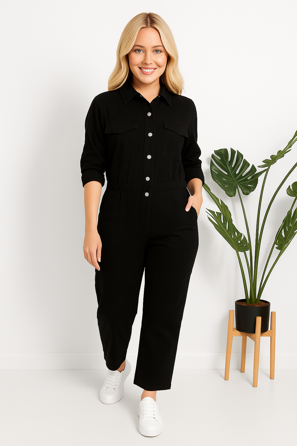 Black Denim Wide Leg Jumpsuit