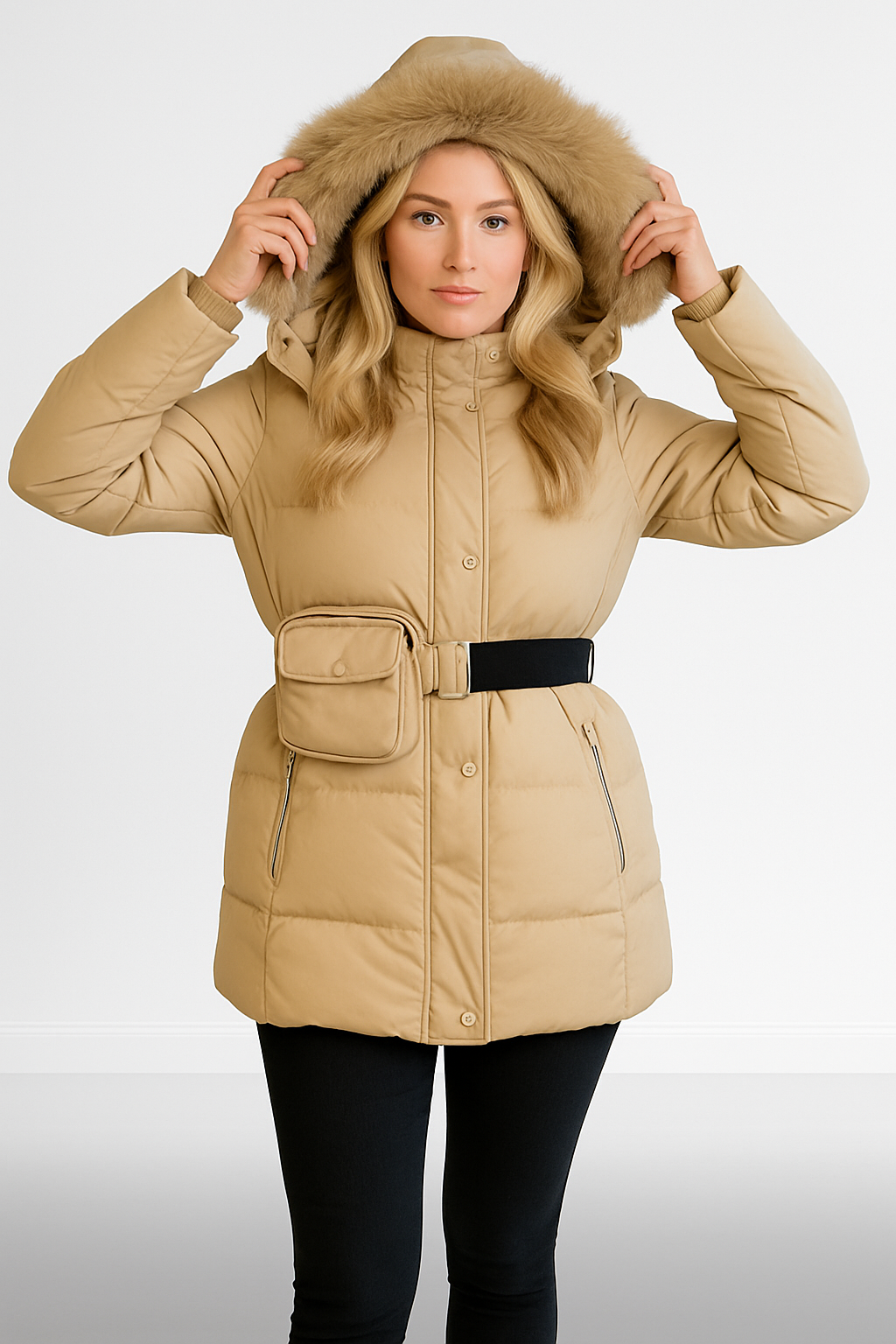 Faux Fur Hood Bag Belt Winter Jacket