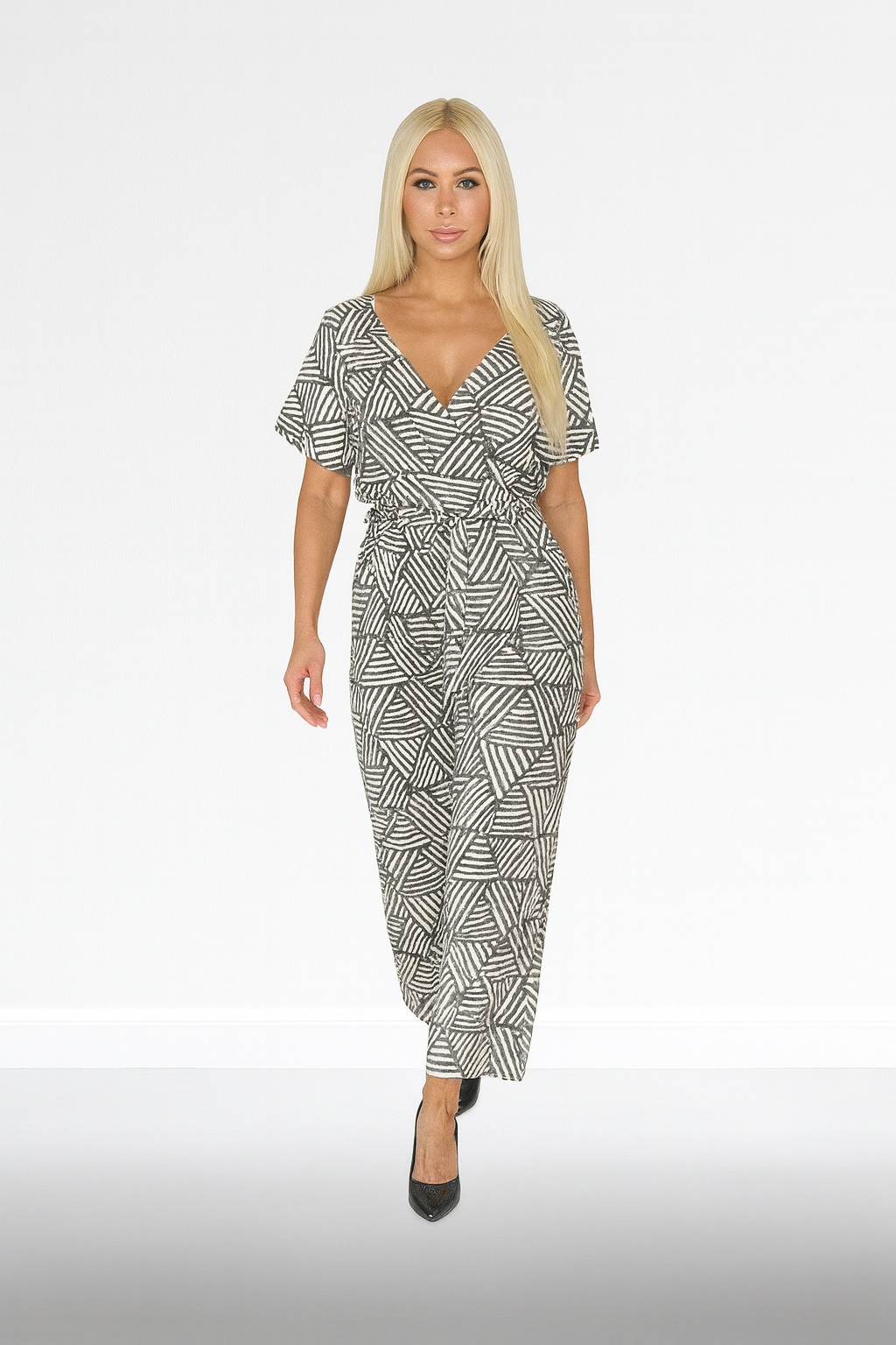 Low-Cut Short Sleeve Tie Waist Straight Leg Viscose Blend All Over Print Jumpsuit