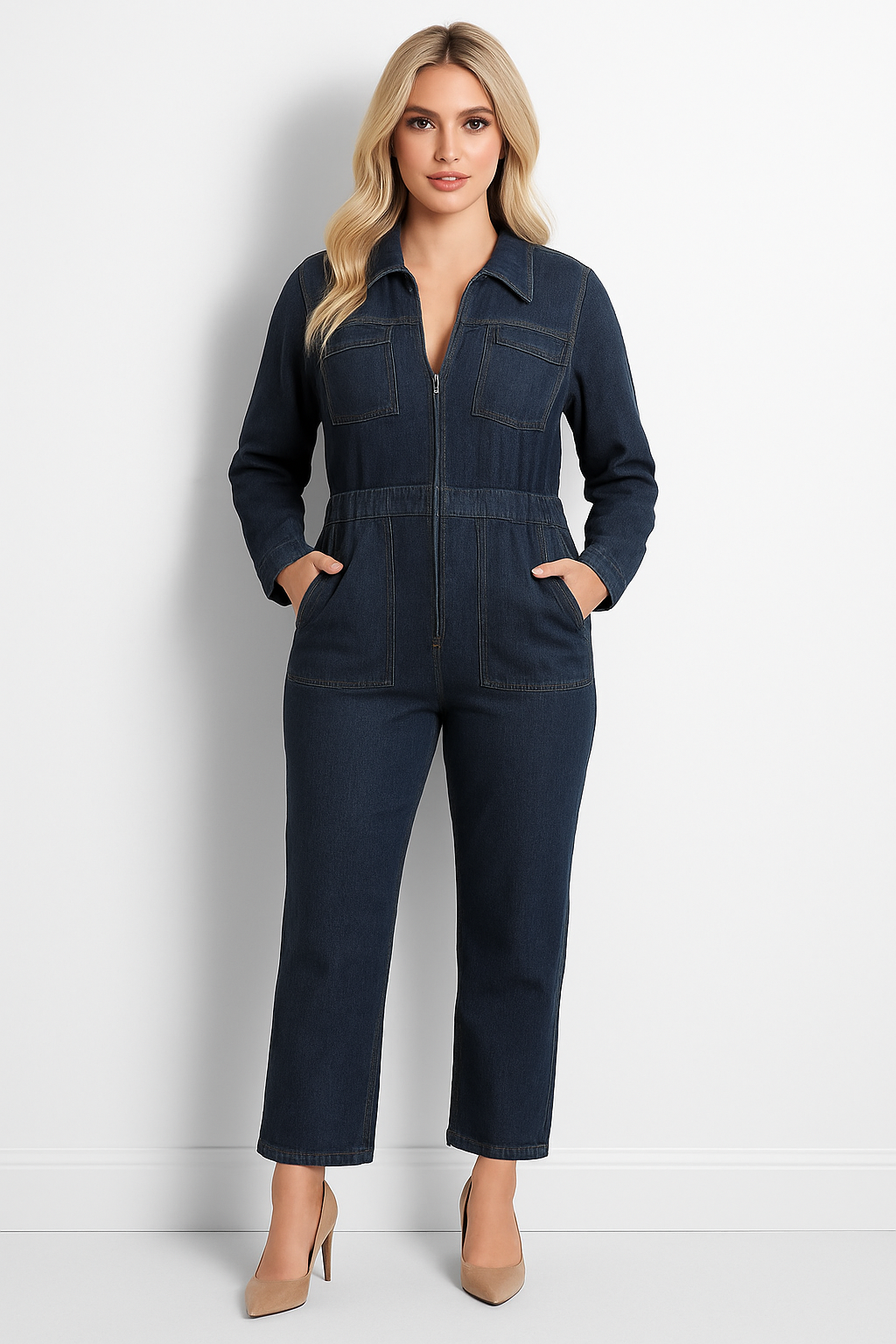 Cropped Leg Zipped Denim Jumpsuit