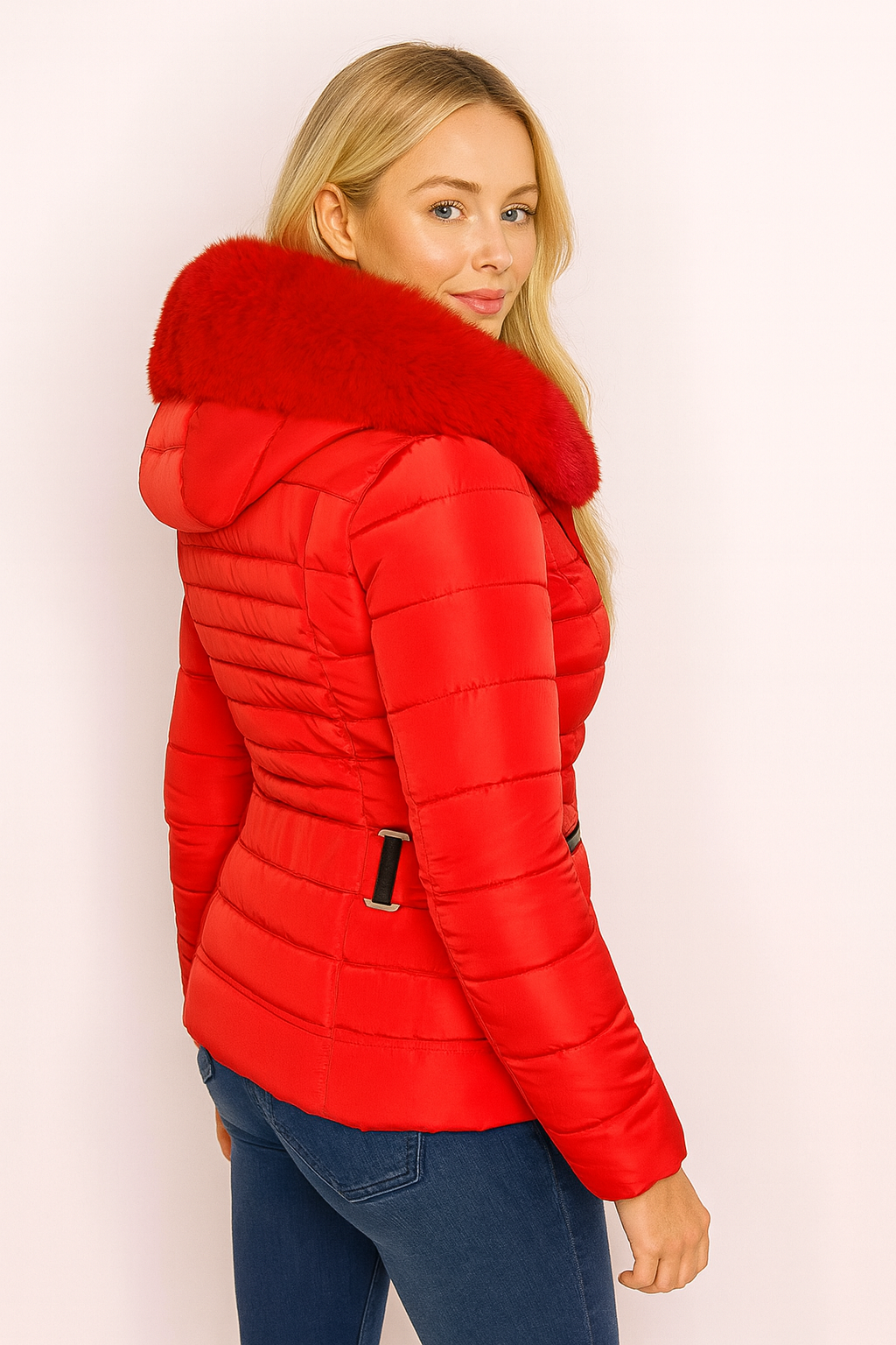 Faux Fur Trimmed Hoodie Belted And Quilted Winter Jacket