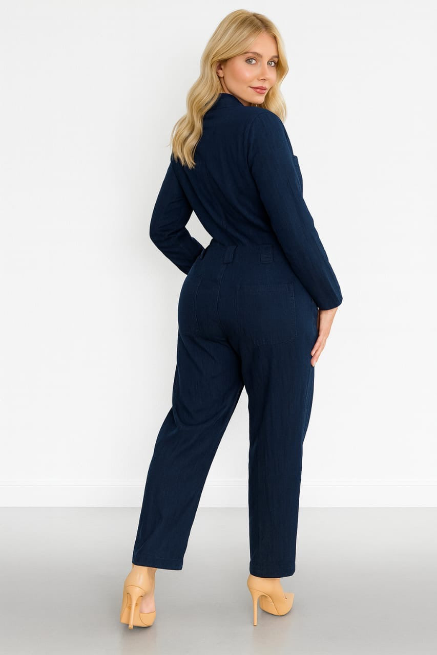 Washed Faded Denim Smart Collar Lightweight Jumpsuit