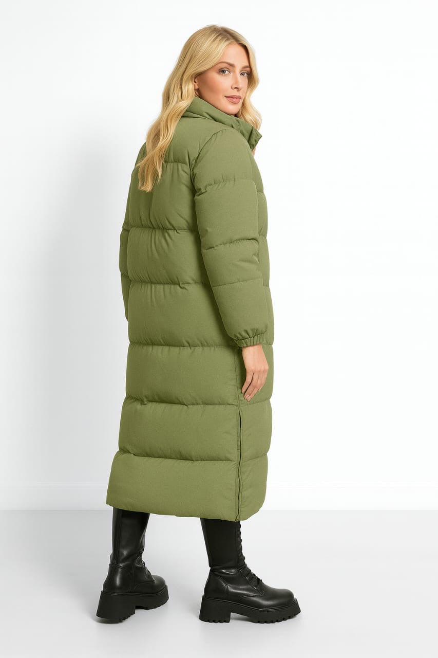 High Neck Quilted Opening Sides Midi Puffer Parker Jacket