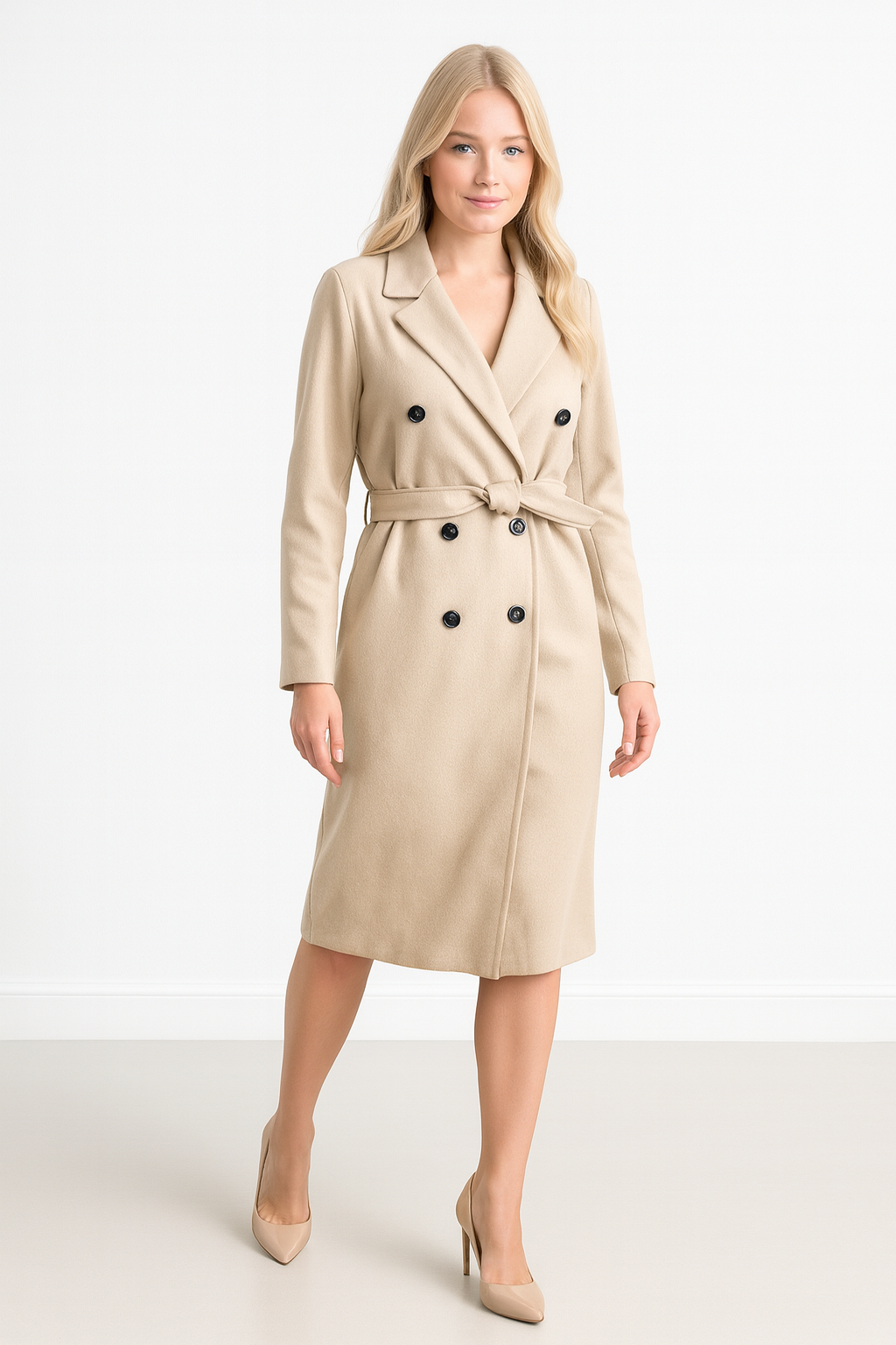 Double Breasted Self Tie Belt Midi Coat