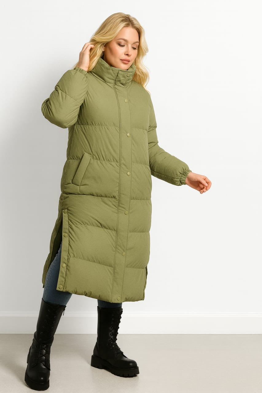 High Neck Quilted Opening Sides Midi Puffer Parker Jacket