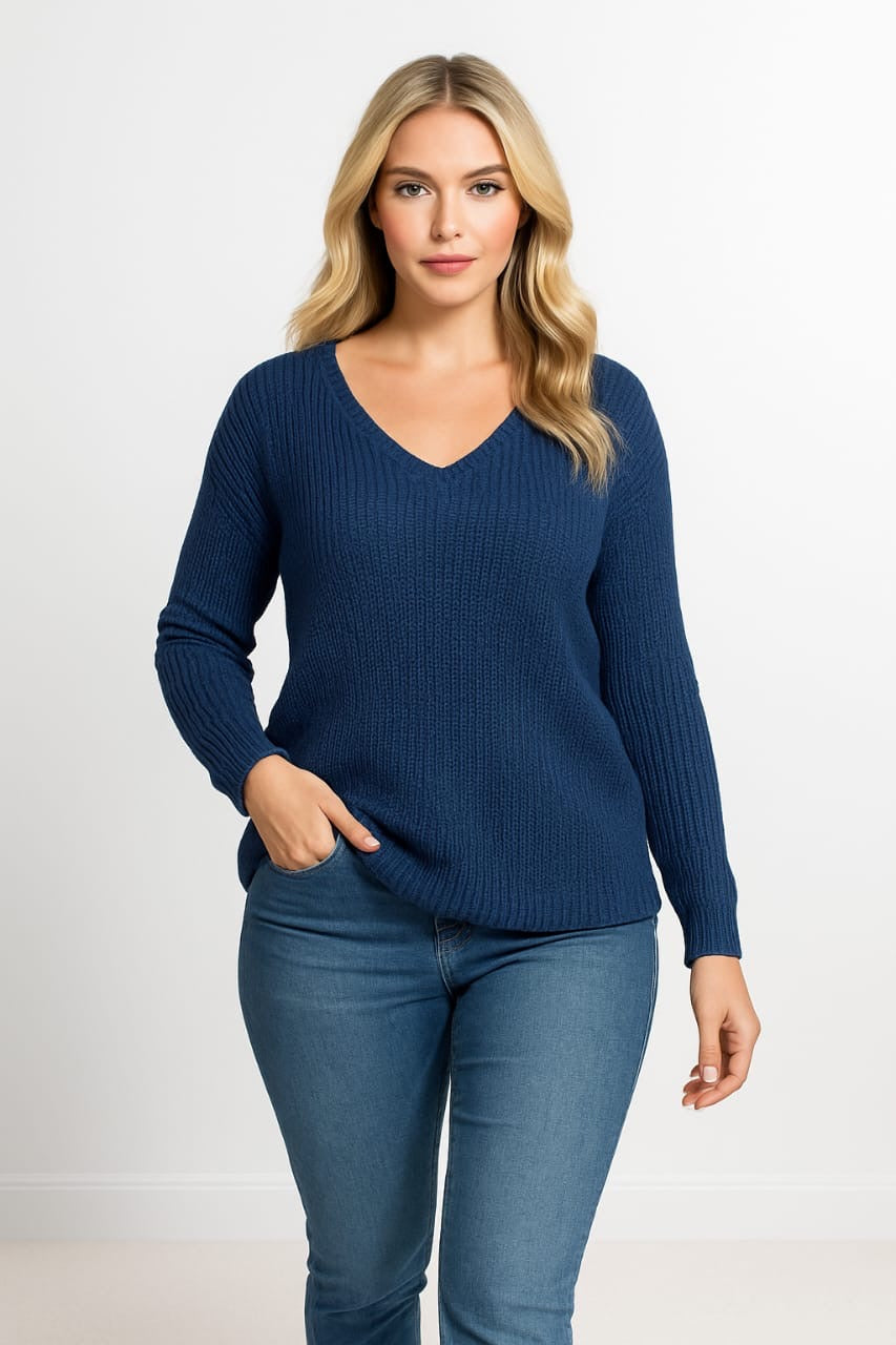 Cotton Blend Chunky Knit V-Cut Sweatshirt
