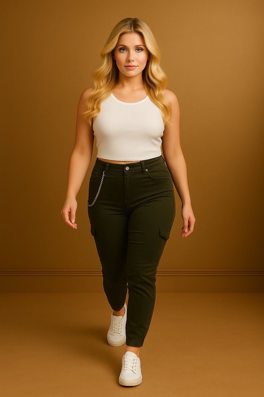 Khaki Chain High-Rise Stretchy Denim Cargo Jeans