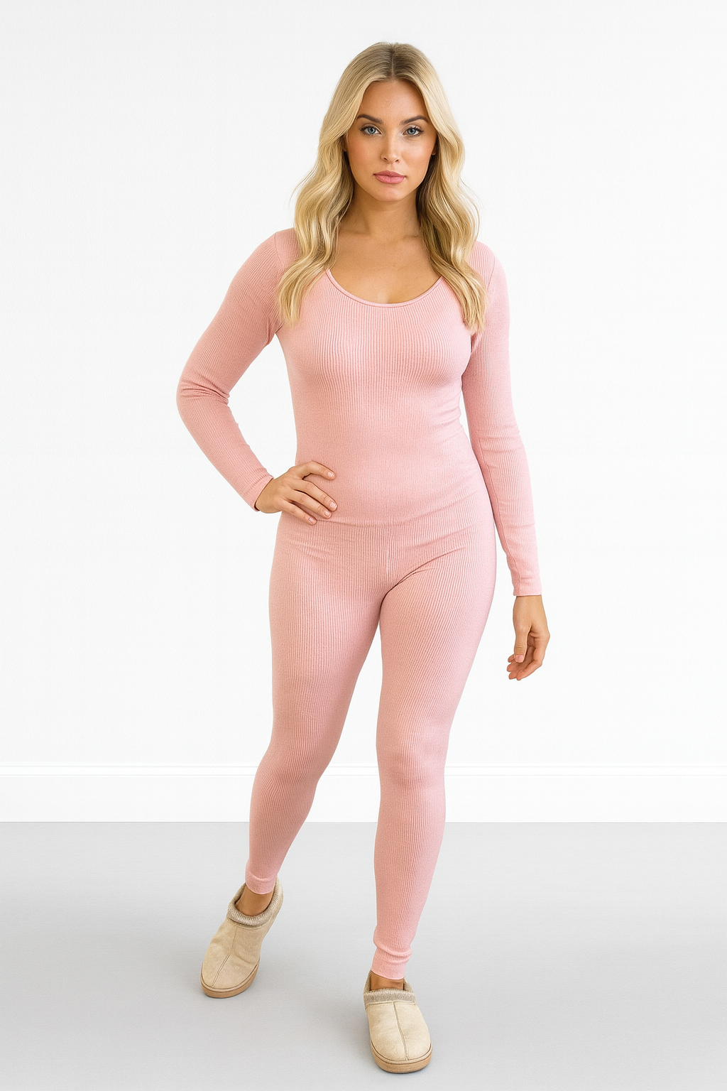 Mini Rib Stretch Fabric Scoop Neck Onesie Jumpsuit