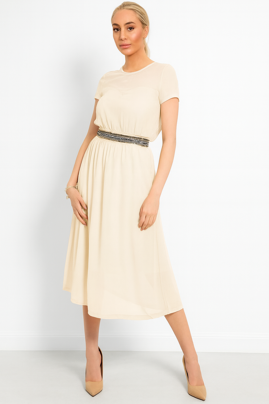 Beaded Waist Chiffon Sweetheart Dress