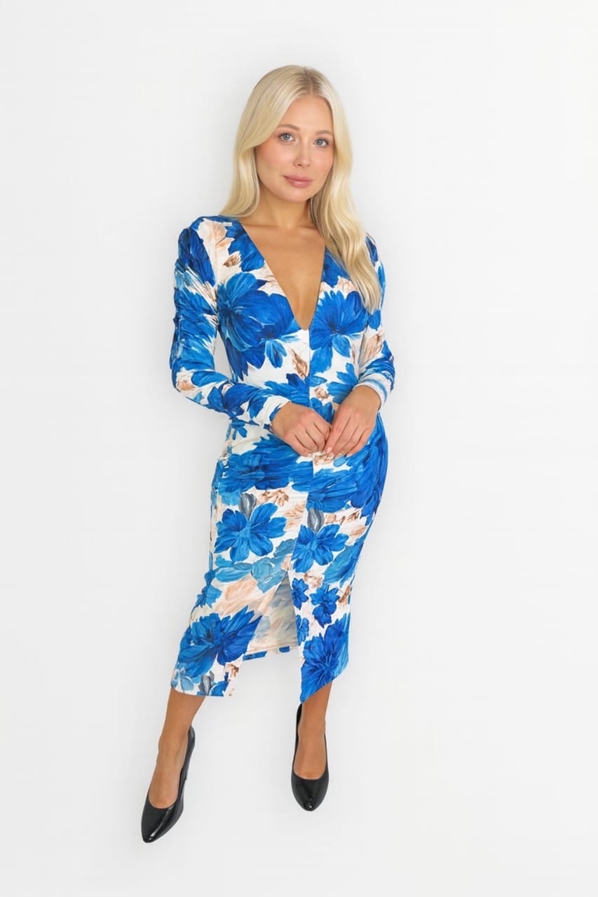 Ruched Puff Long Sleeve Low Cut Floral Print Slinky Bodycon Dress