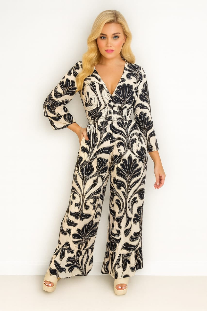Shirred Waist Floral Print Slinky Jumpsuit