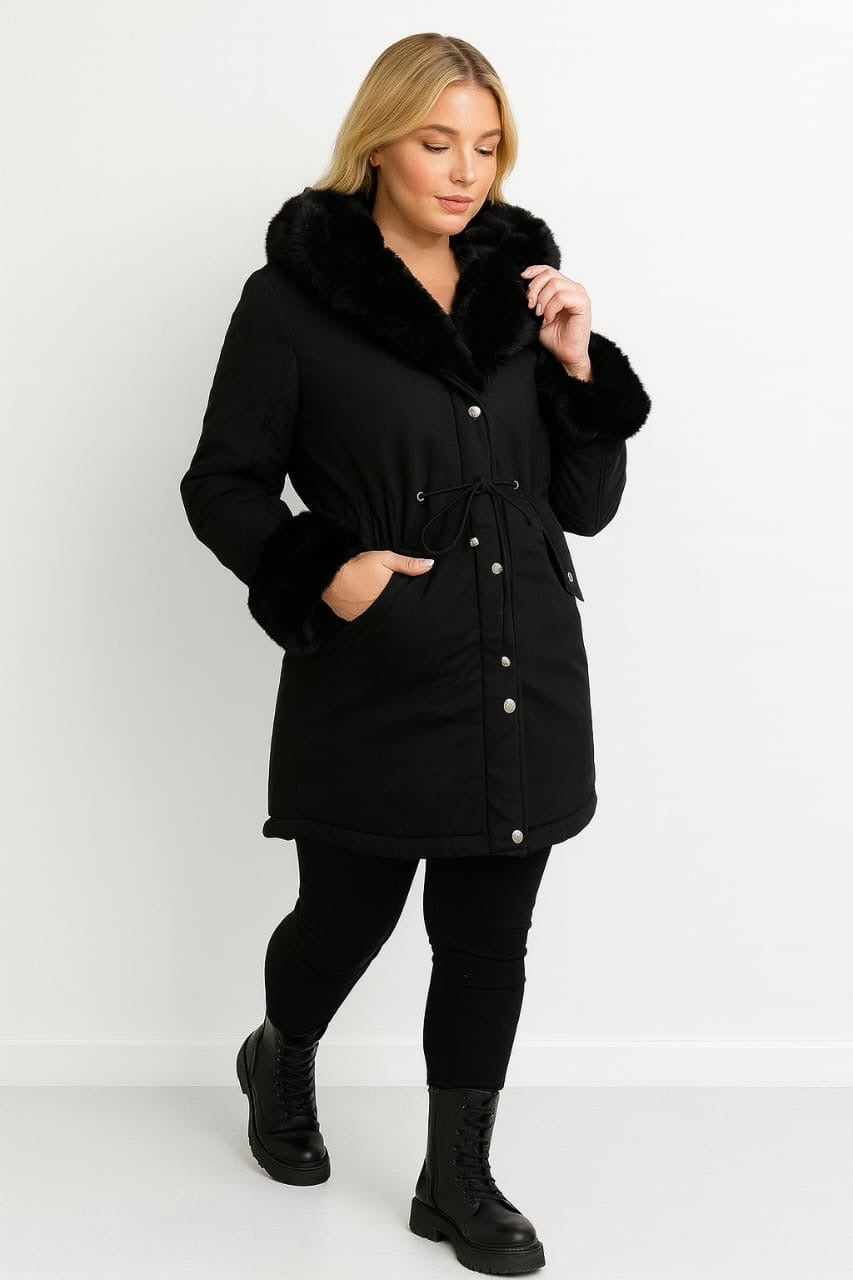 Faux Fur Lining Drawstring Waist Winter Jacket