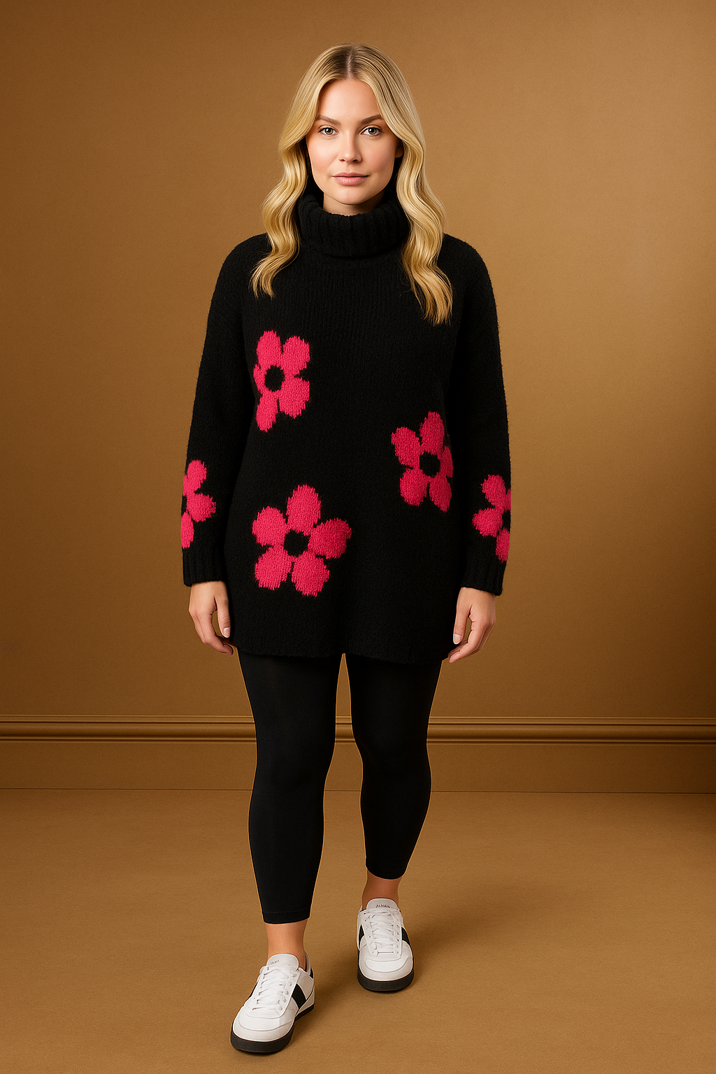 High Neck Super Soft Knit Floral Pattern Pullover