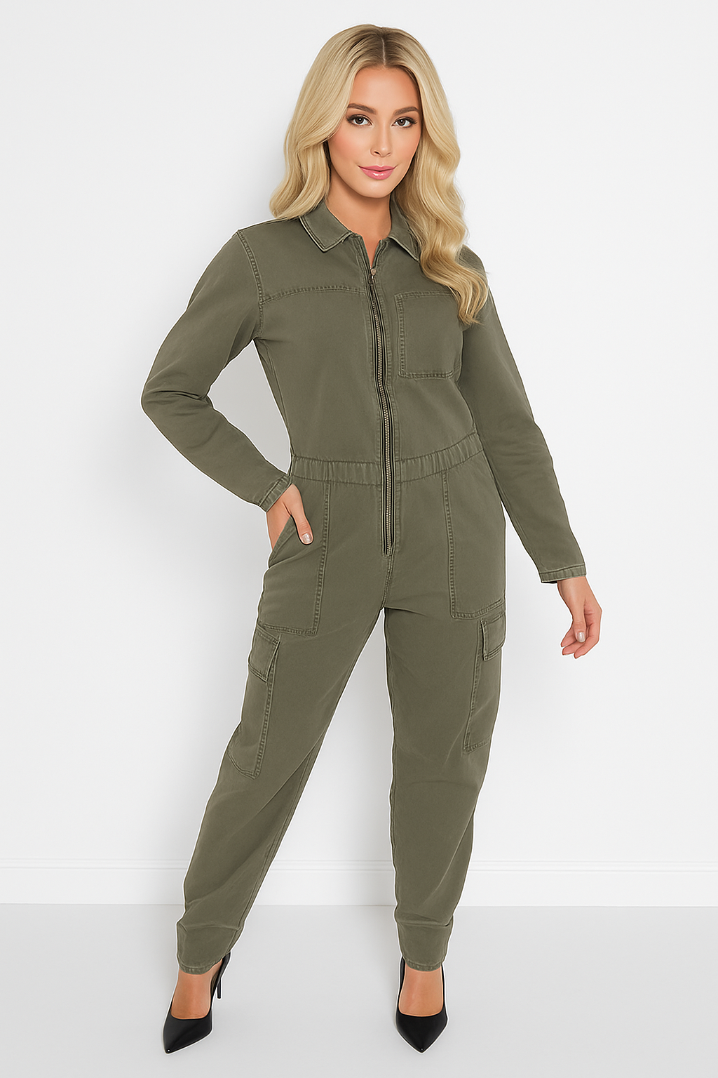 Oversized Design Dusty Olive Zip Denim Boiler Jumpsuit