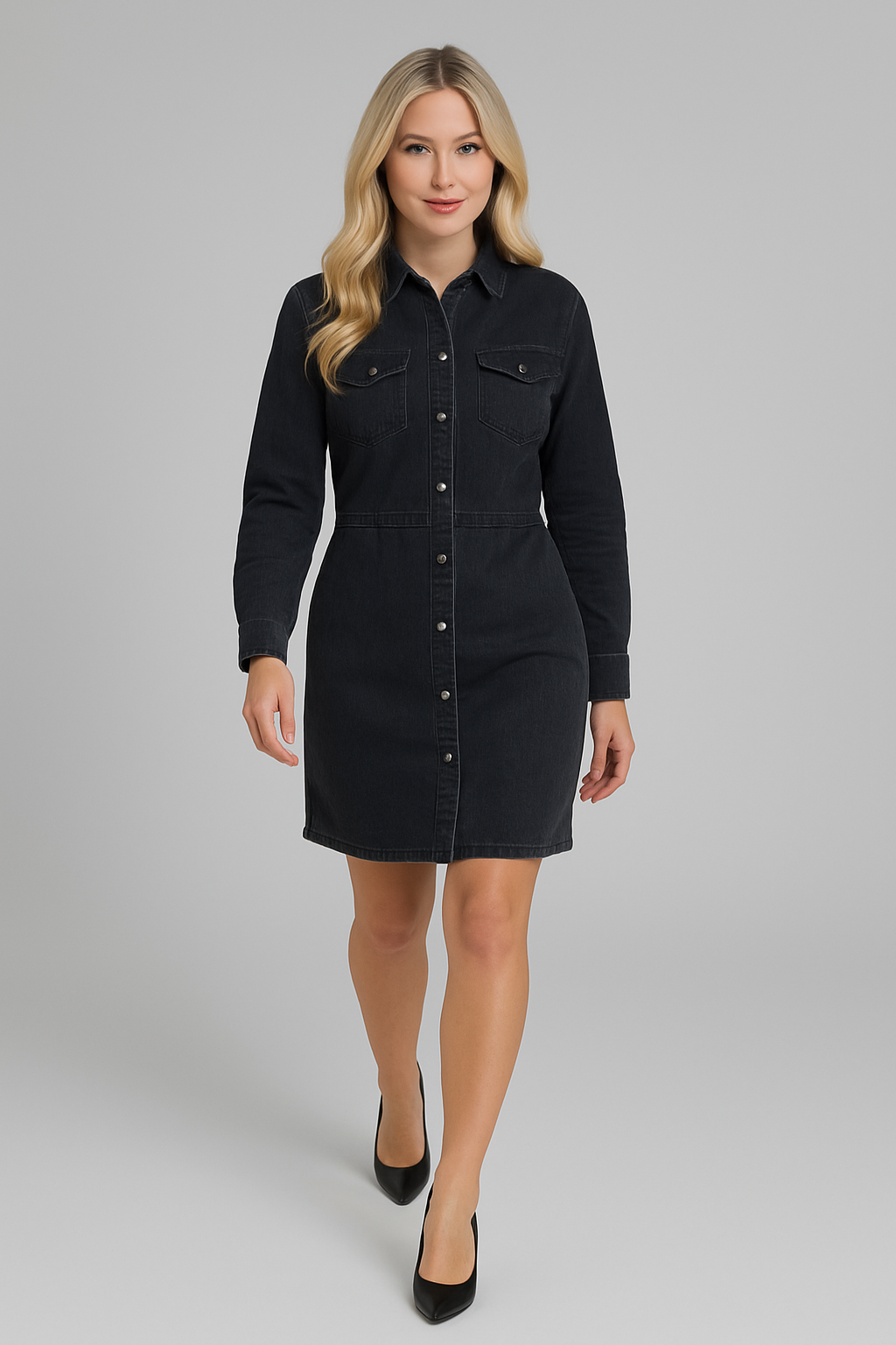 Long Sleeve Chinched Waist Denim Shirt Dress