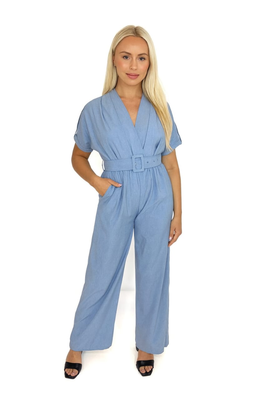 Low Cut Neck Belted Straight Leg Jumpsuit
