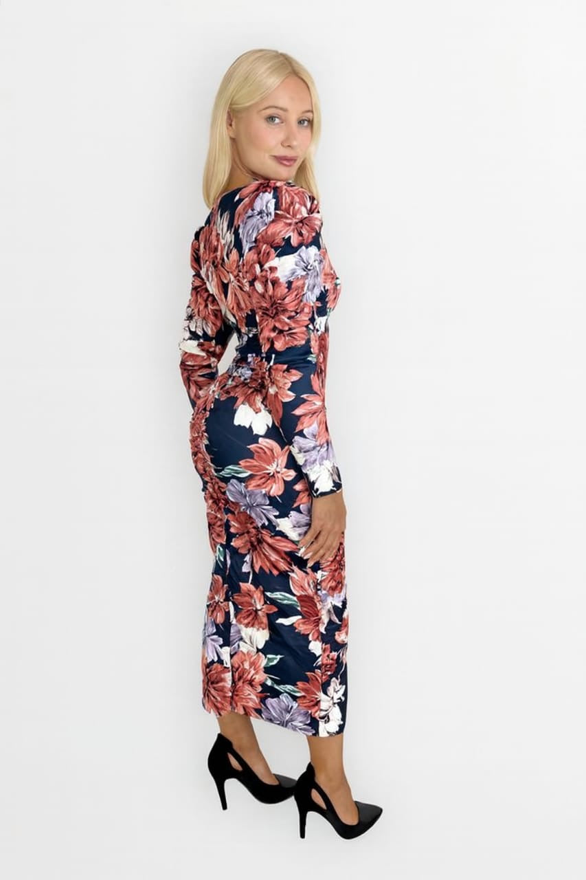 Ruched Puff Long Sleeve Low Cut Floral Print Slinky Bodycon Dress