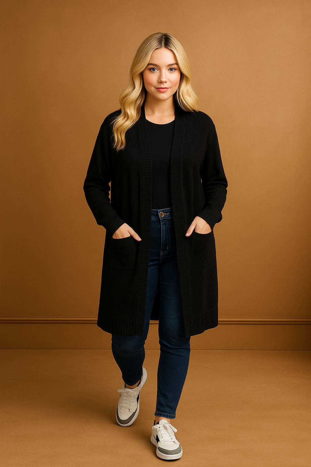 Flat Knit Front Pocket Open Longline Cardigan