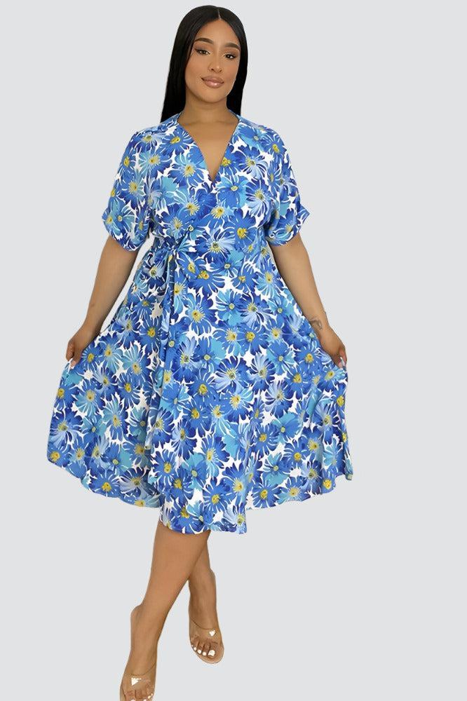 Spring Floral Print Midi Wrap Dress-SinglePrice