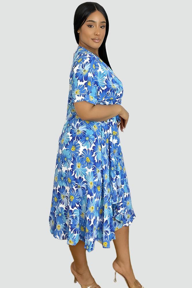 Spring Floral Print Midi Wrap Dress-SinglePrice