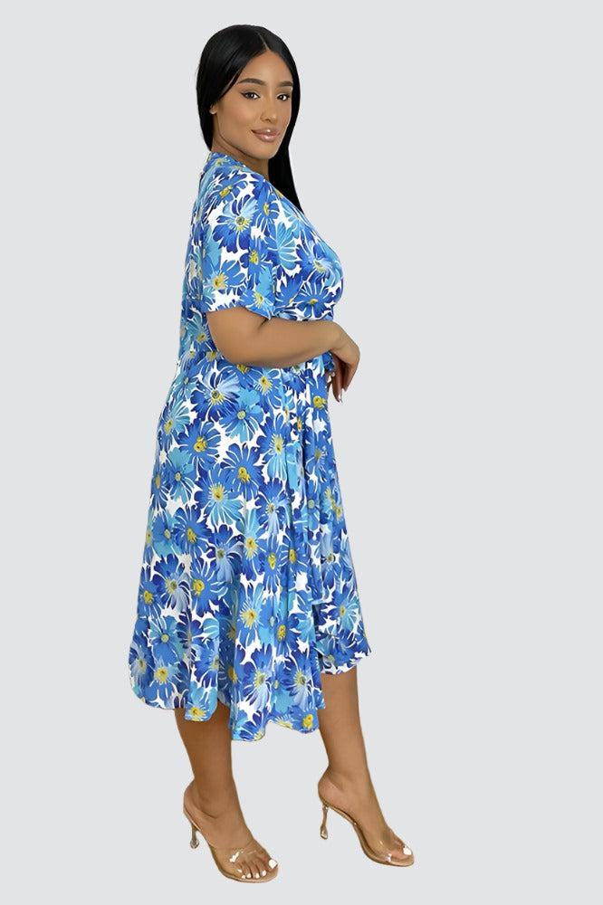 Spring Floral Print Midi Wrap Dress-SinglePrice