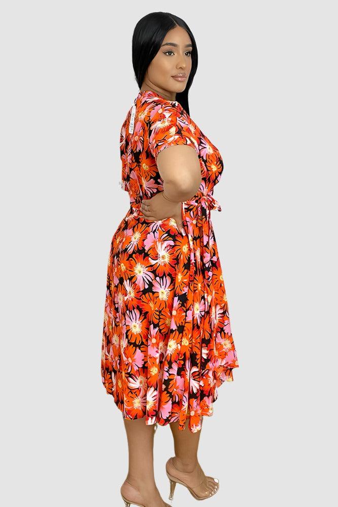 Spring Floral Print Midi Wrap Dress-SinglePrice