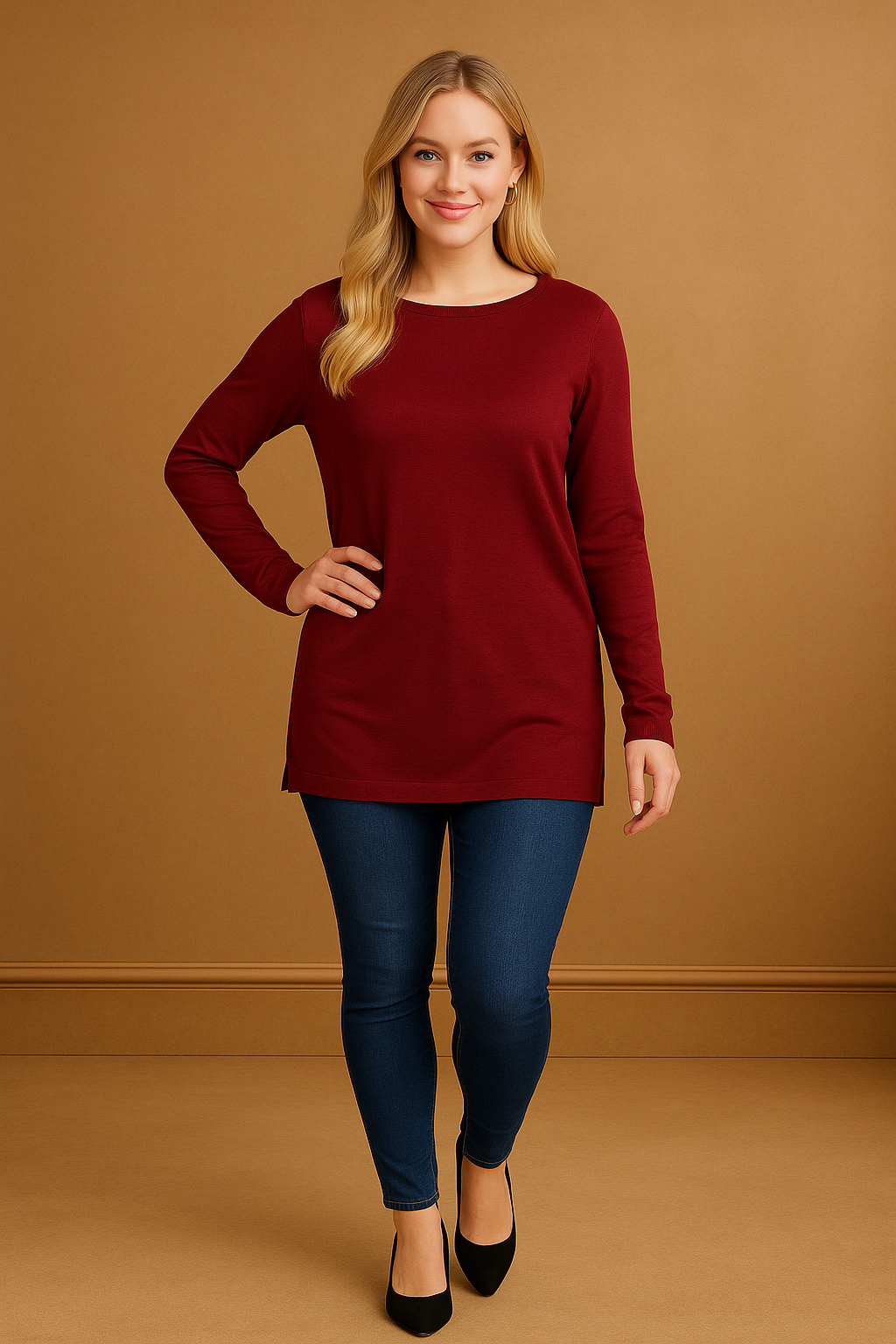 Thin Knit Asymmetric Hem Round Neck Pullover