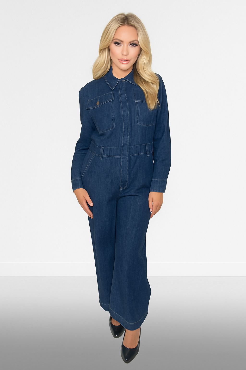 Long Sleeve Straight Leg Lightweight Denim Jumpsuit