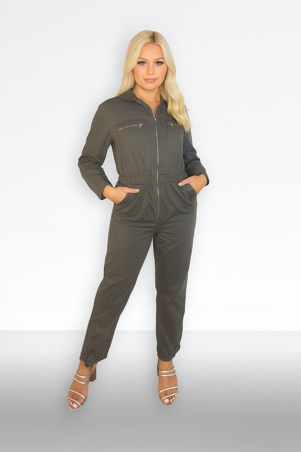 Grey Denim Zippers Details Boiler Jumpsuit