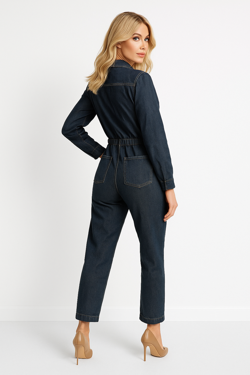 Cropped Leg Zipped Denim Jumpsuit
