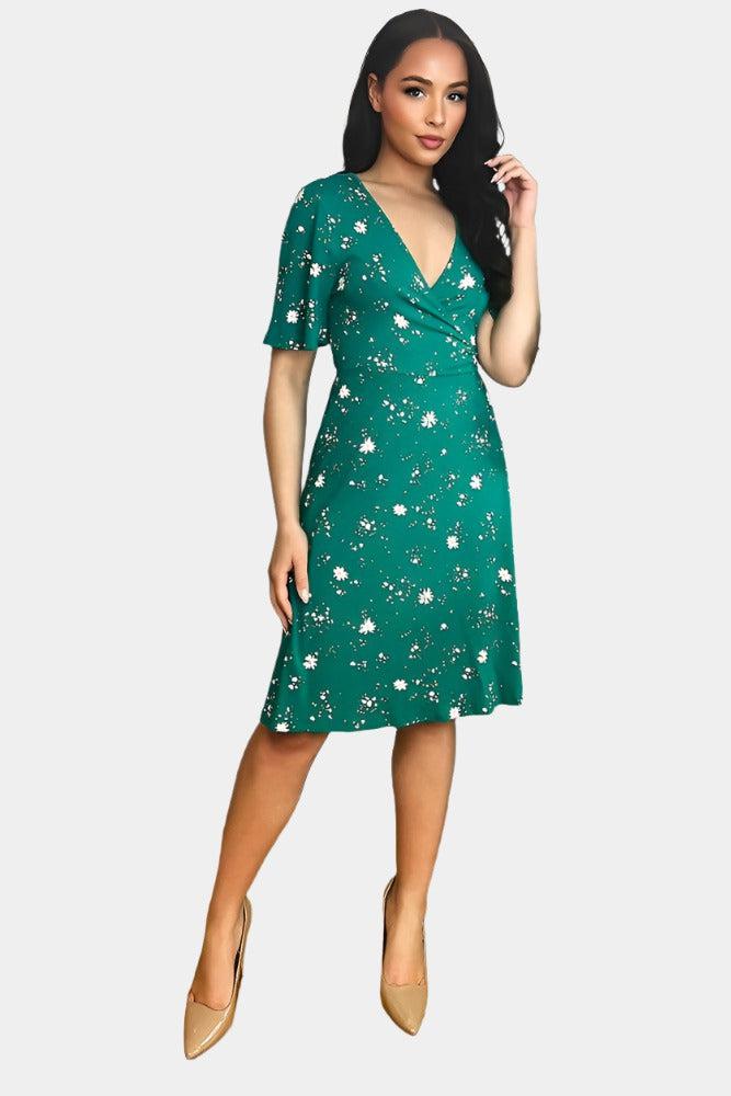 Green Floral Print Classic Wrap Dress-SinglePrice