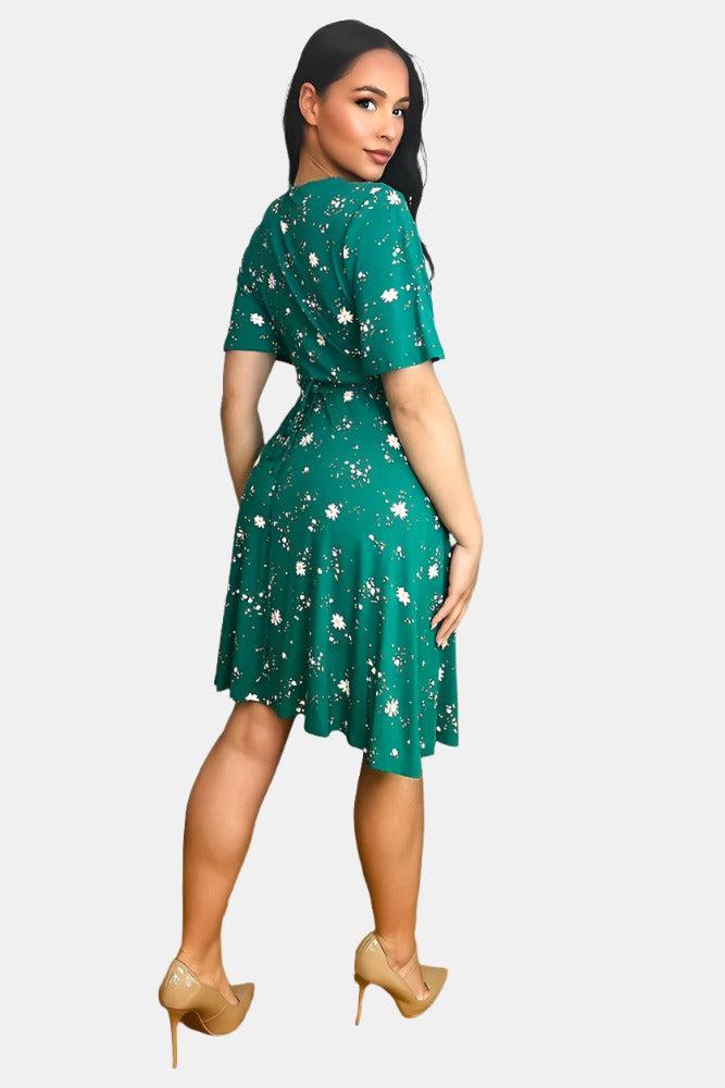 Green Floral Print Classic Wrap Dress-SinglePrice