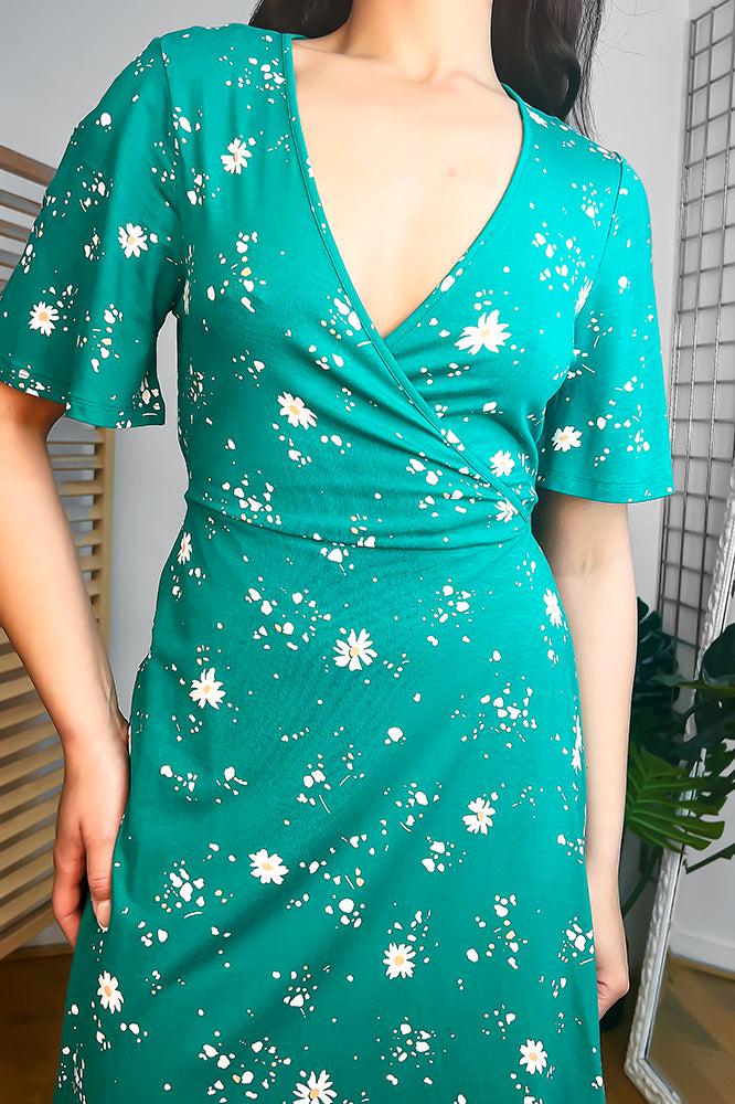Green Floral Print Classic Wrap Dress-SinglePrice