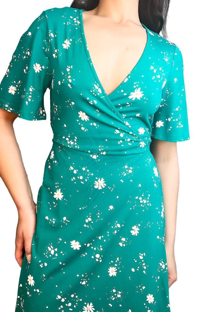 Green Floral Print Classic Wrap Dress-SinglePrice