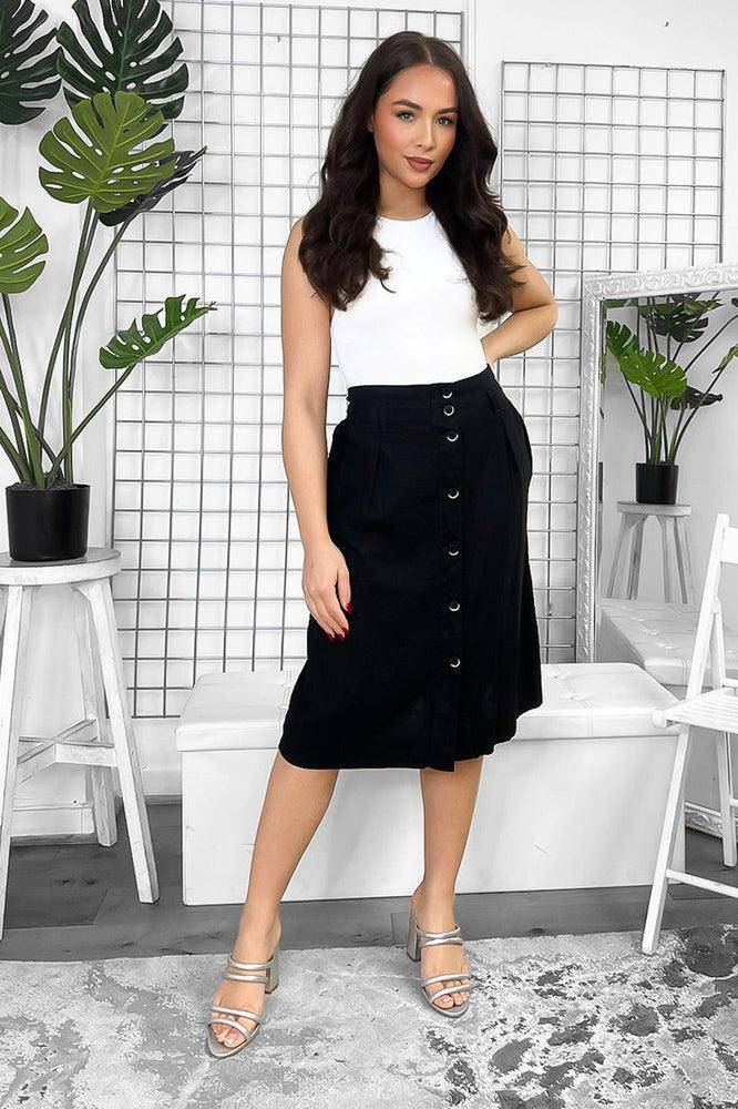 Linen Blend Buttoned Down Midi Skirt-SinglePrice