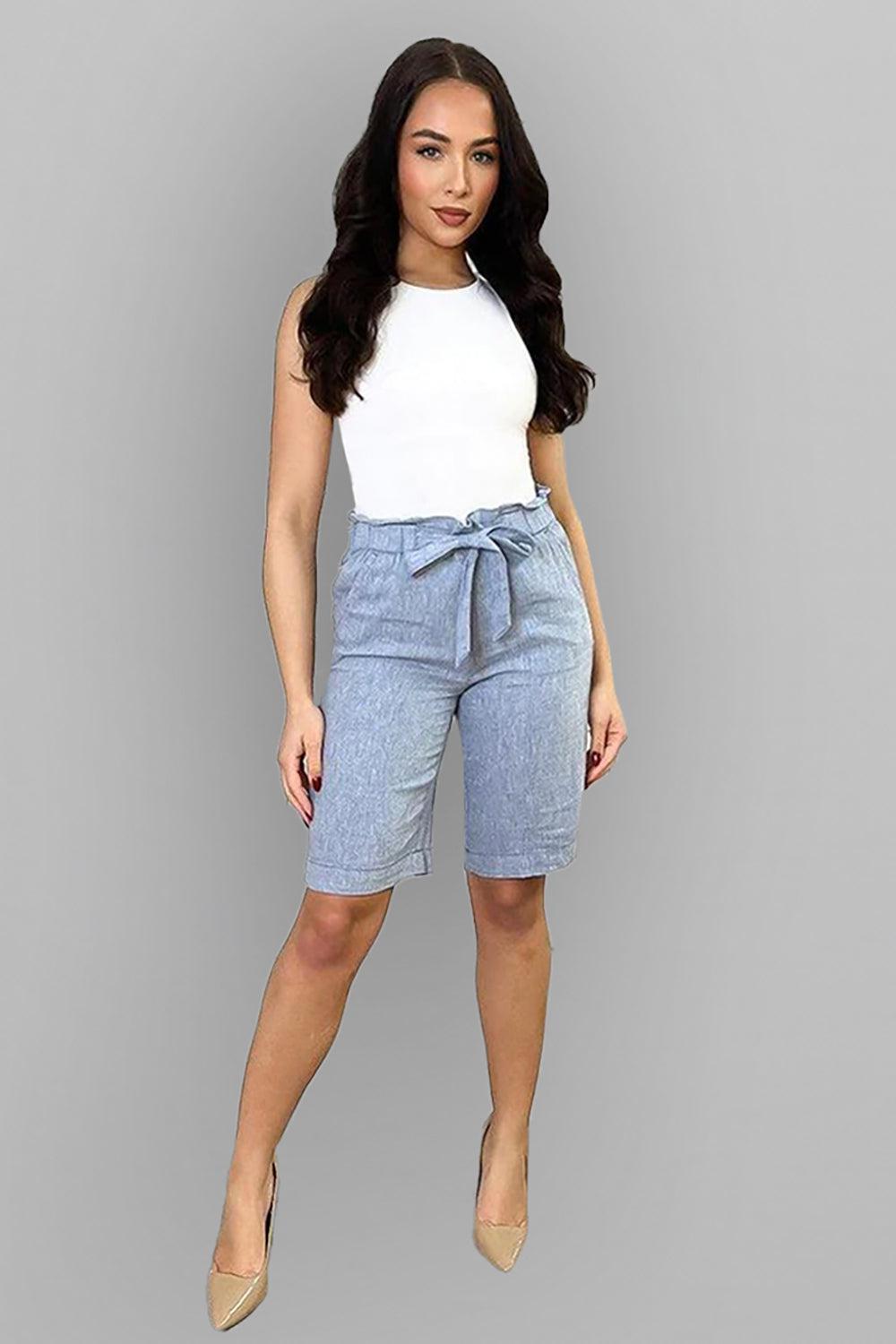 Linen Blend Paper Bag Waist Smart Shorts