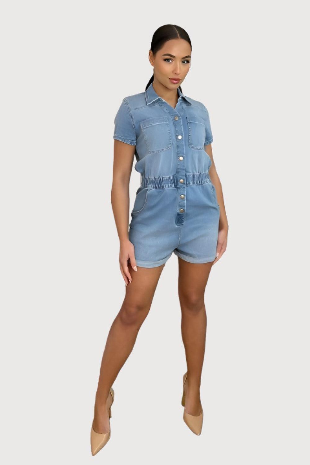 Sky Denim Bleached Popper Buttons Playsuit-SinglePrice
