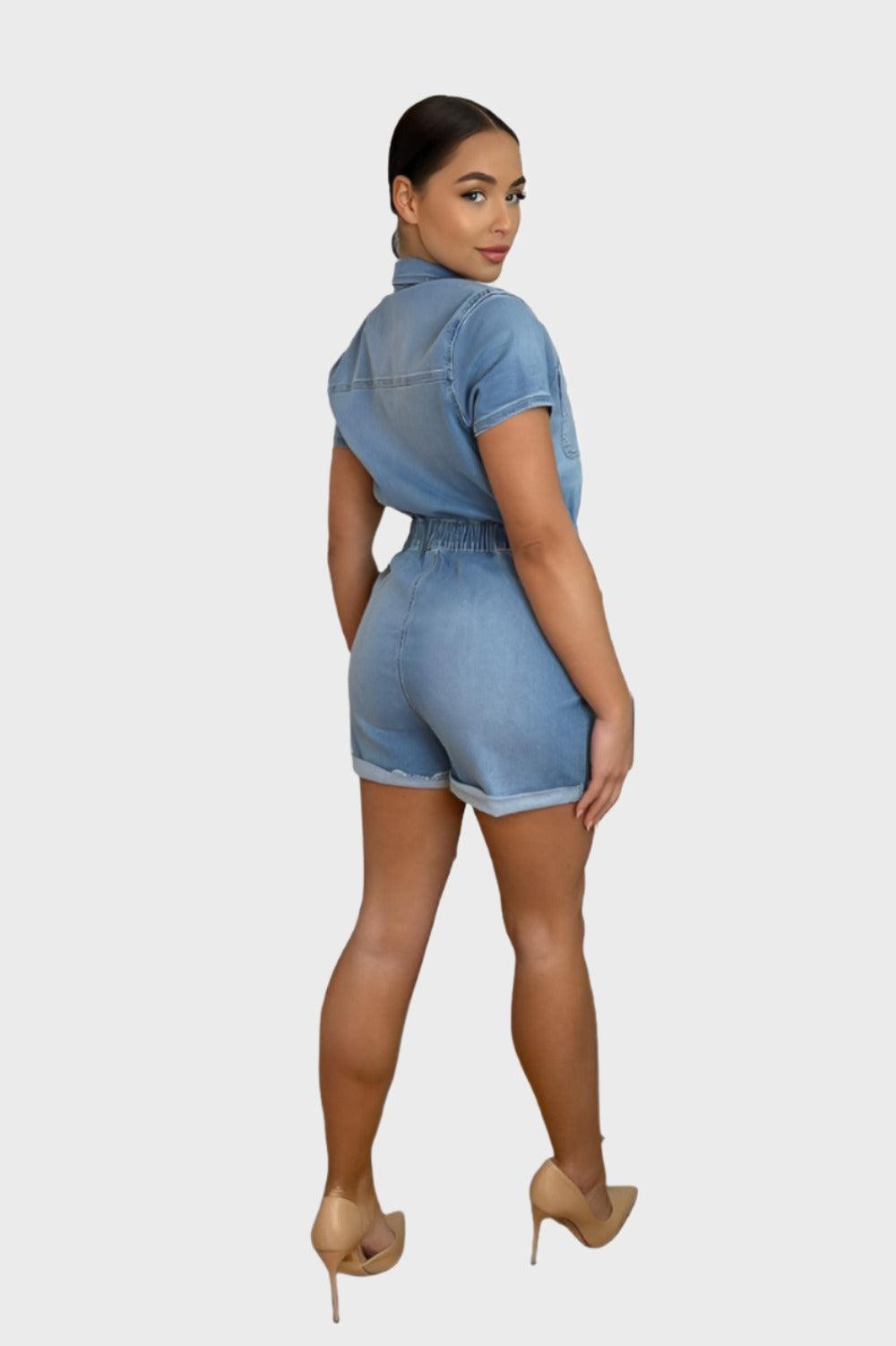 Sky Denim Bleached Popper Buttons Playsuit-SinglePrice