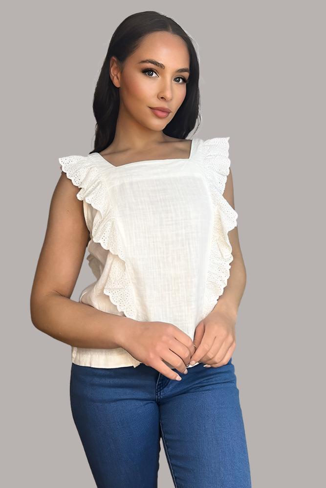 Off White Linen Blend Frilled Summer Top-SinglePrice