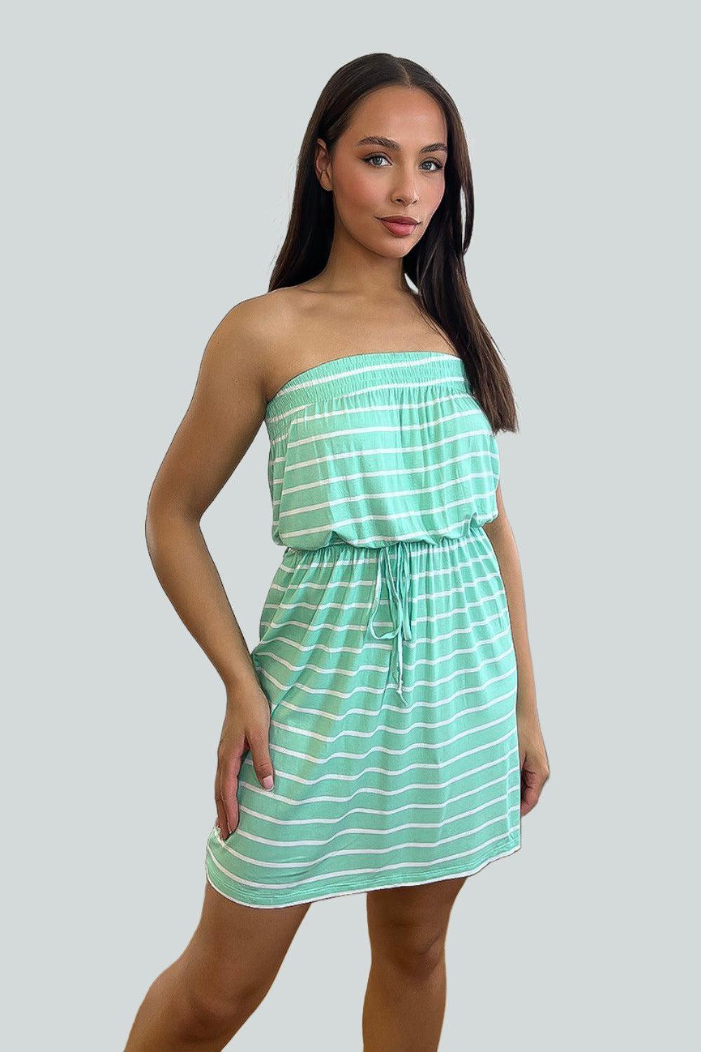 White Aqua Stripe Bandeau Dress-SinglePrice
