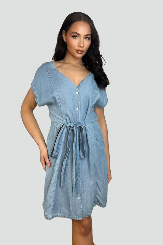 Blue Denim V-Neck Drawstring Waist Dress-SinglePrice