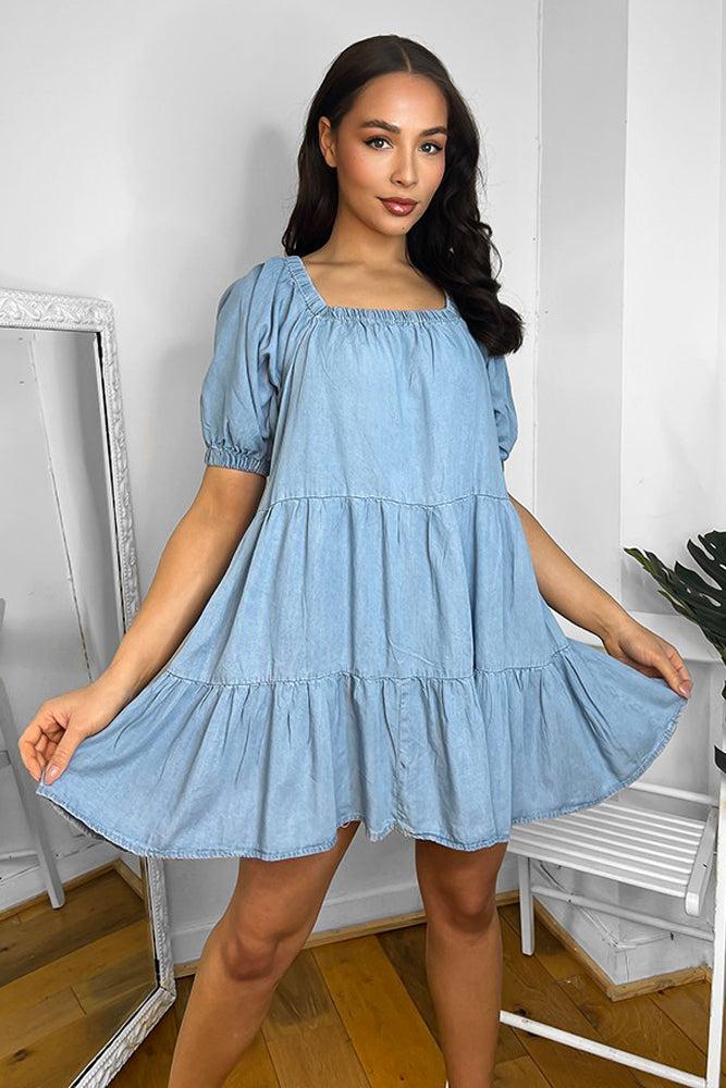 Denim Blue Tiered Milkmaid Dress-SinglePrice