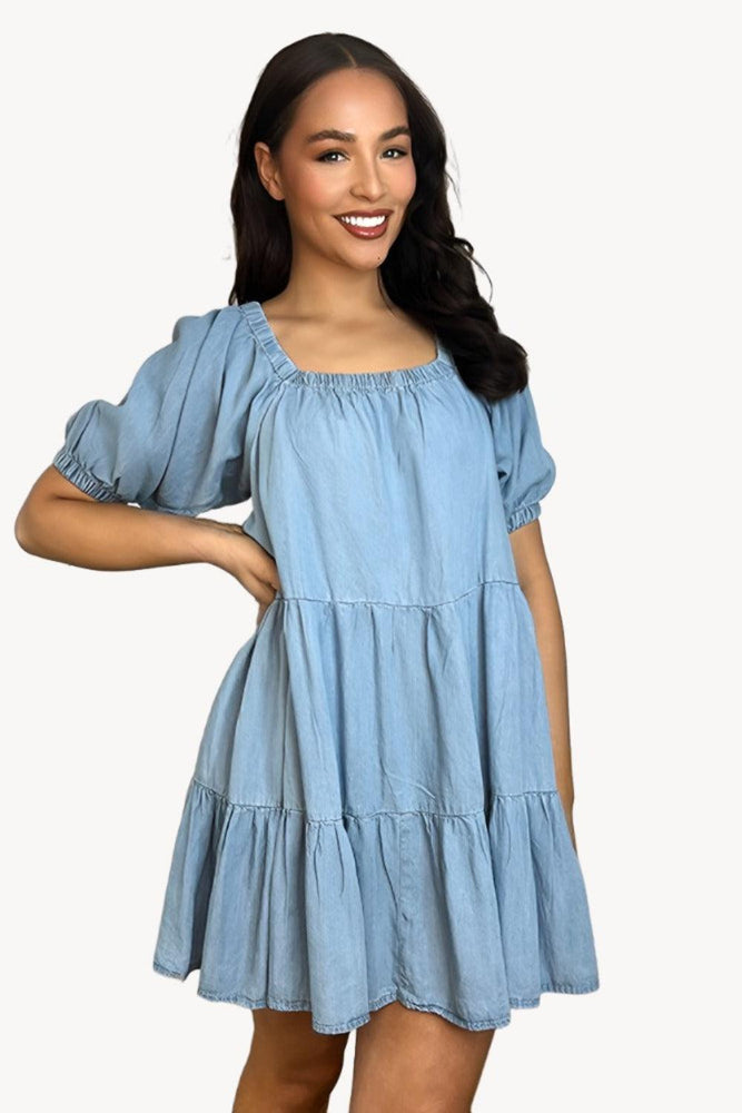 Denim Blue Tiered Milkmaid Dress-SinglePrice