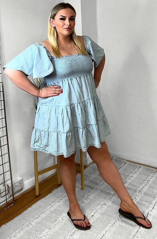 100% Cotton Light Denim Shirred Bust Blue Milkmaid Dress-SinglePrice