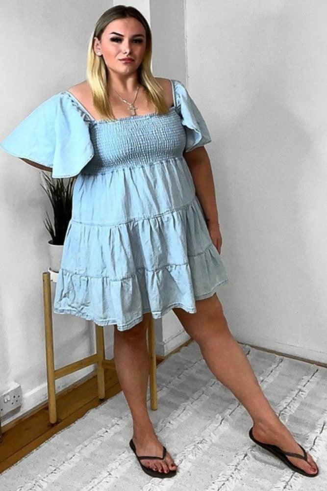 100% Cotton Light Denim Shirred Bust Blue Milkmaid Dress-SinglePrice